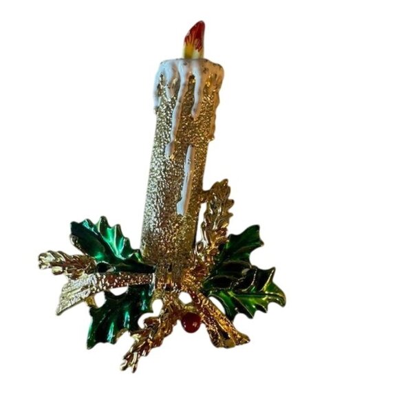 Vintage Candle Brooch Pin With Enamel Holly & Gold-Tone Finish - Picture 2 of 6